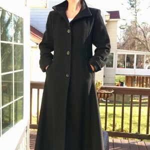 black full length wool coat.